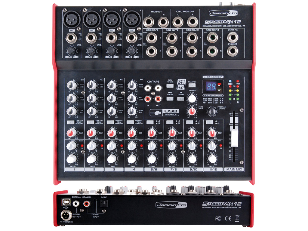 Mixer a 12 canali (4x Mic, 4x Stereo Line)
•Preamplificatore Hi-Quality
•EQ a 3 bande sul canale Mic
•Interfaccia audio USB integrata, Plug & Rec
•Motore 24-Bit DSP
•99 Superbi effetti digitali
•livello FX send individuale su ogni canale
•In