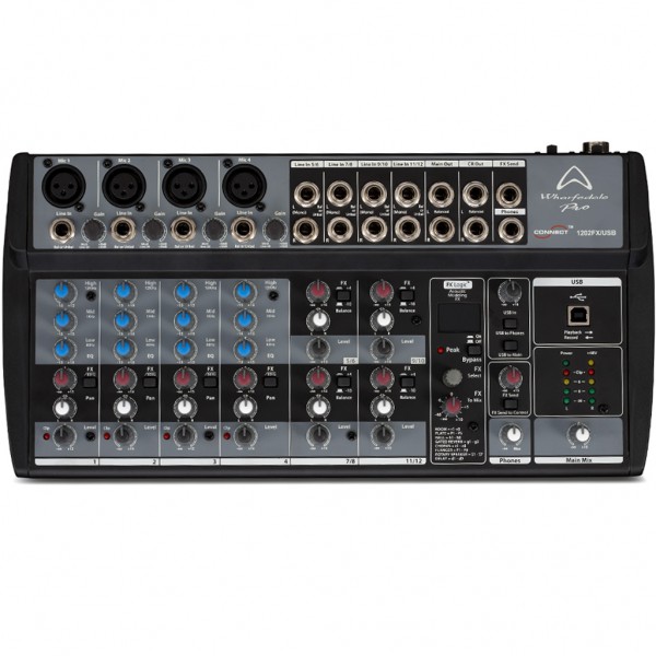 MIXER AUDIO A 12 CANALI – GAIN, ALTI, MEDI, BASSI, CLIP LED, PAN, MANDATA EFFETTI CON VOLUME E MASTER SUI CANALI 1/2/3/4 – BALANCE, MANDATA EFFETTI E MASTER SU TUTTI GLI ALTRI CANALI – DSP INTERNO CON 99 EFFETTI TRA CUI REVERBERO, DELAY, MODULATOR, PITCH